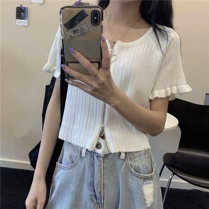 Short-Sleeve Round Neck Plain Ribbed Zip Cardigan