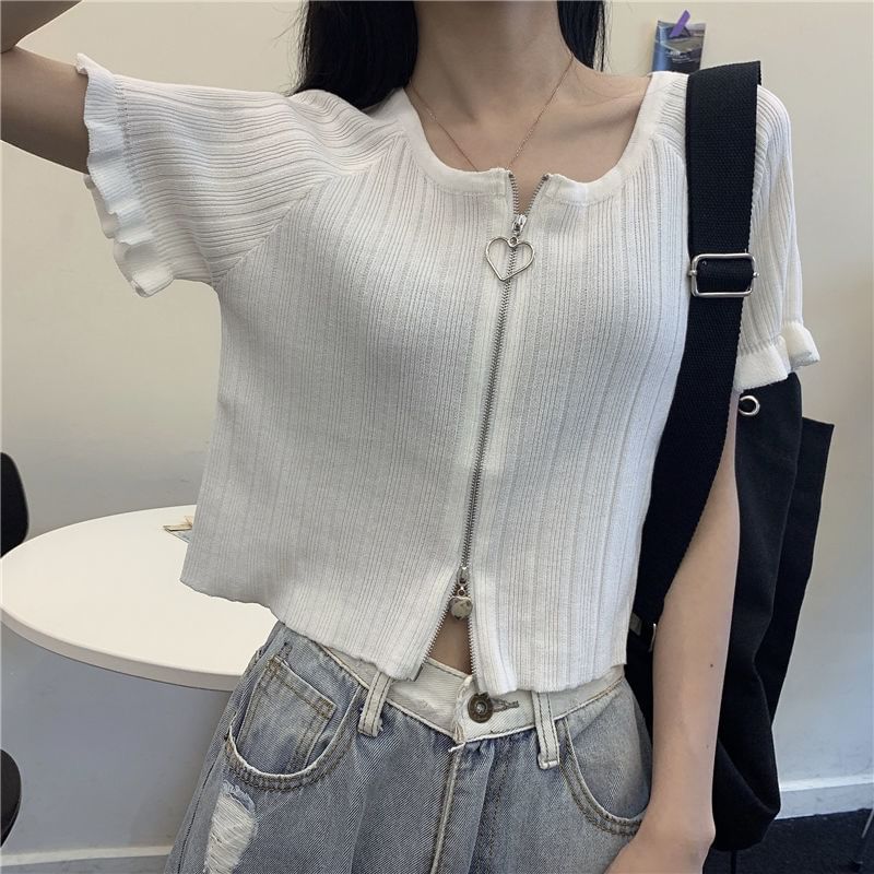 Short-Sleeve Round Neck Plain Ribbed Zip Cardigan