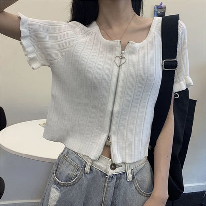 Short-Sleeve Round Neck Plain Ribbed Zip Cardigan