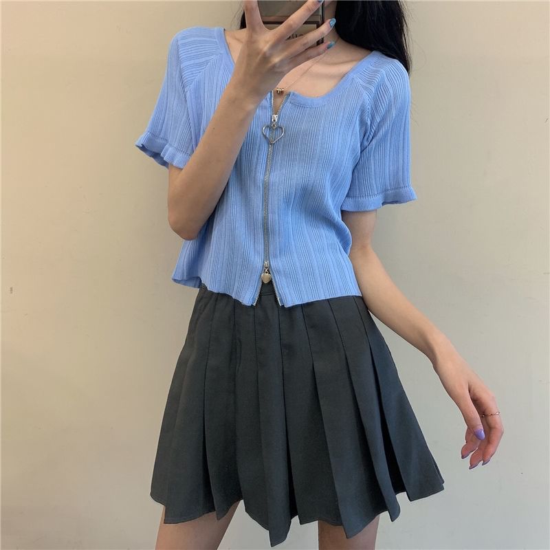 Short-Sleeve Round Neck Plain Ribbed Zip Cardigan