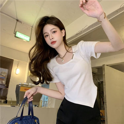 Short-Sleeve Crew Neck Plain Asymmetrical Tee