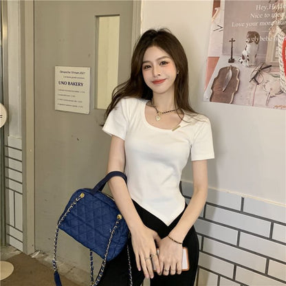 Short-Sleeve Crew Neck Plain Asymmetrical Tee