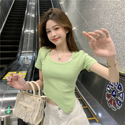 Short-Sleeve Crew Neck Plain Asymmetrical Tee