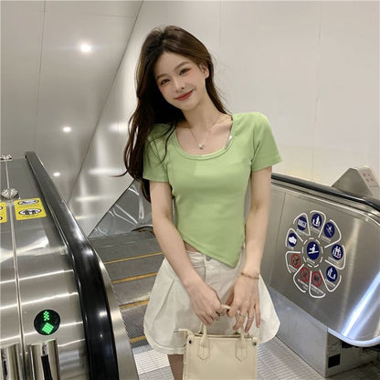 Short-Sleeve Crew Neck Plain Asymmetrical Tee