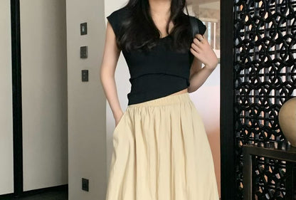 Elastic Waist Plain Maxi A-Line Skirt