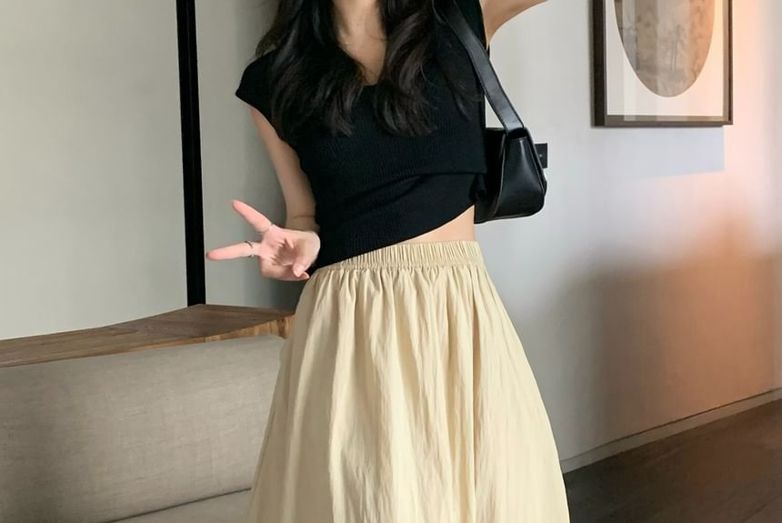 Elastic Waist Plain Maxi A-Line Skirt