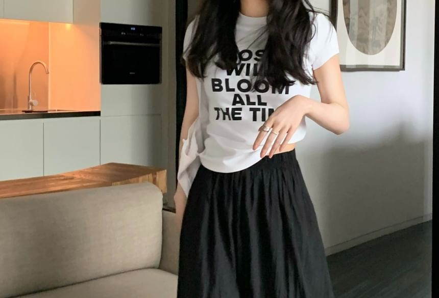 Elastic Waist Plain Maxi A-Line Skirt