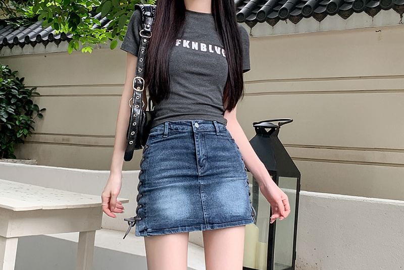 High-Waist Denim Mini Pencil Skirt with Leg Warmers