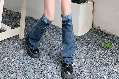 High-Waist Denim Mini Pencil Skirt with Leg Warmers