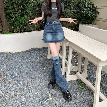 High-Waist Denim Mini Pencil Skirt with Leg Warmers