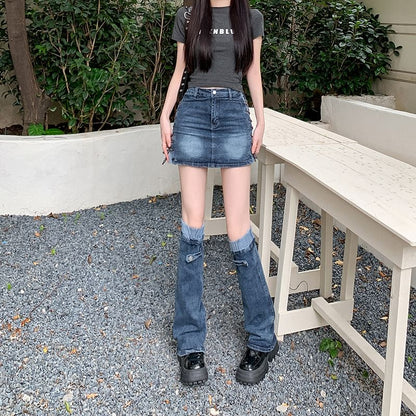 High-Waist Denim Mini Pencil Skirt with Leg Warmers