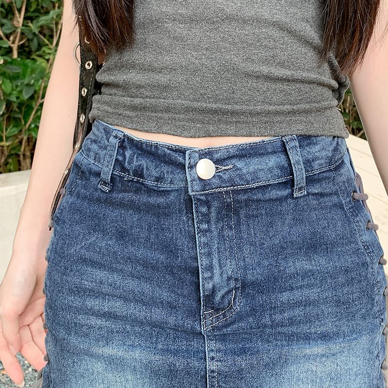 High-Waist Denim Mini Pencil Skirt with Leg Warmers