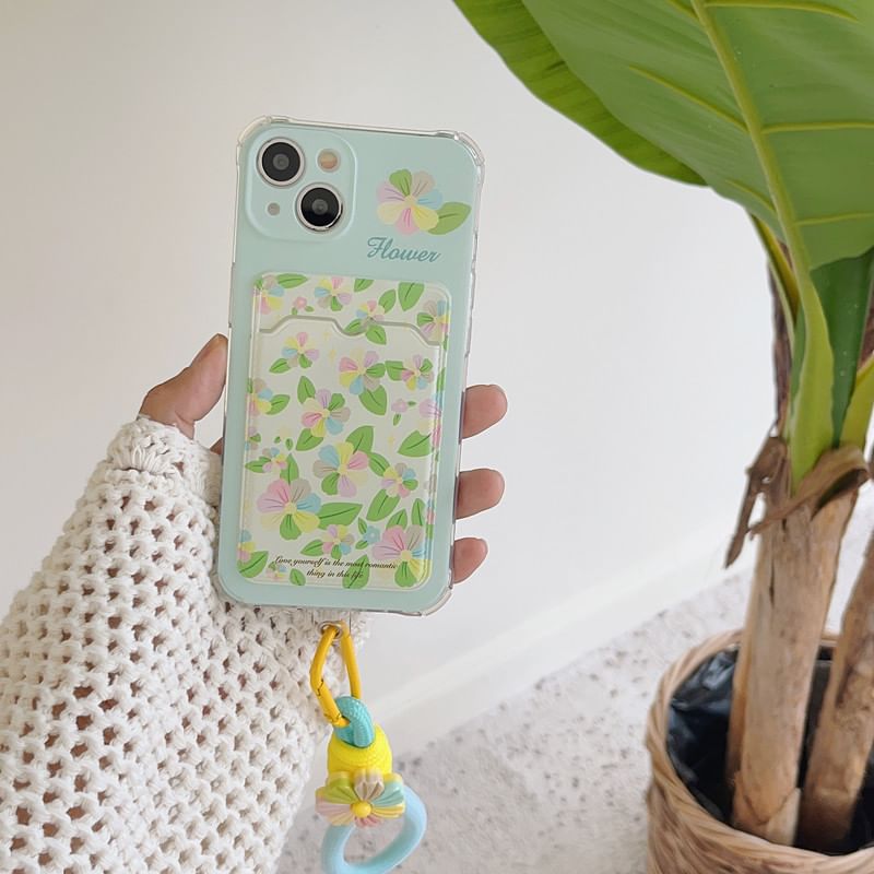 Floral Card Holder Strap Phone Case