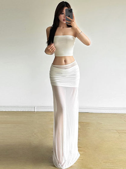High-Waist Mesh Plain Maxi Skirt