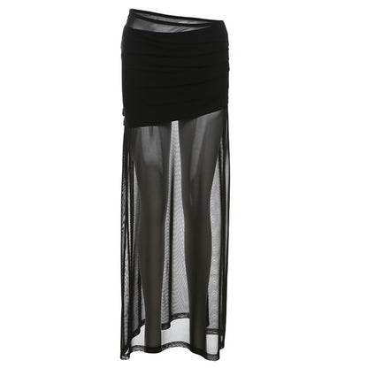 High-Waist Mesh Plain Maxi Skirt