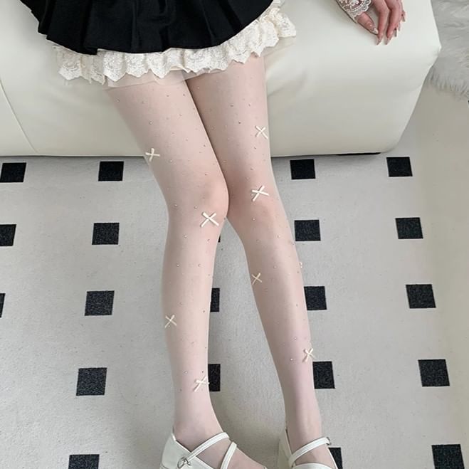 Bow Rhinestone Sheer Tights