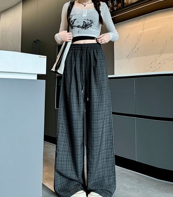 Plaid High Waist Drawstring Wide Leg Pants