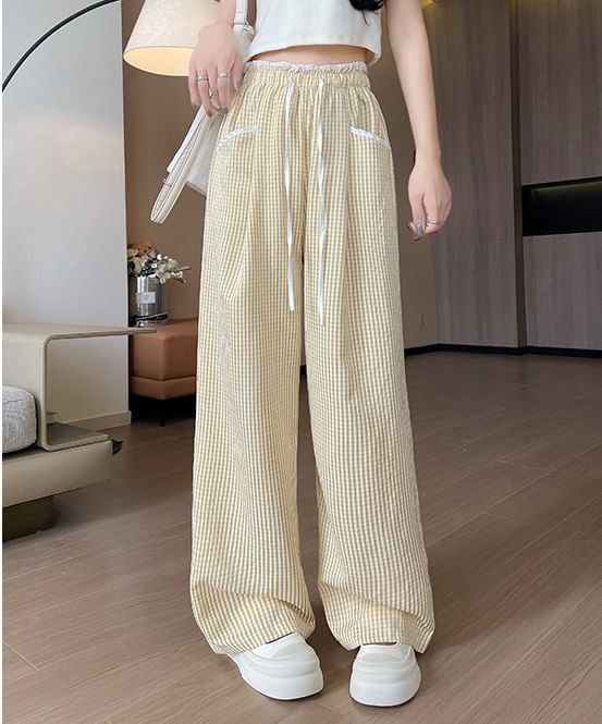 Contrast Panel Pocket Drawstring High Waist Wide Leg Pants