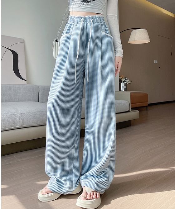 Contrast Panel Pocket Drawstring High Waist Wide Leg Pants