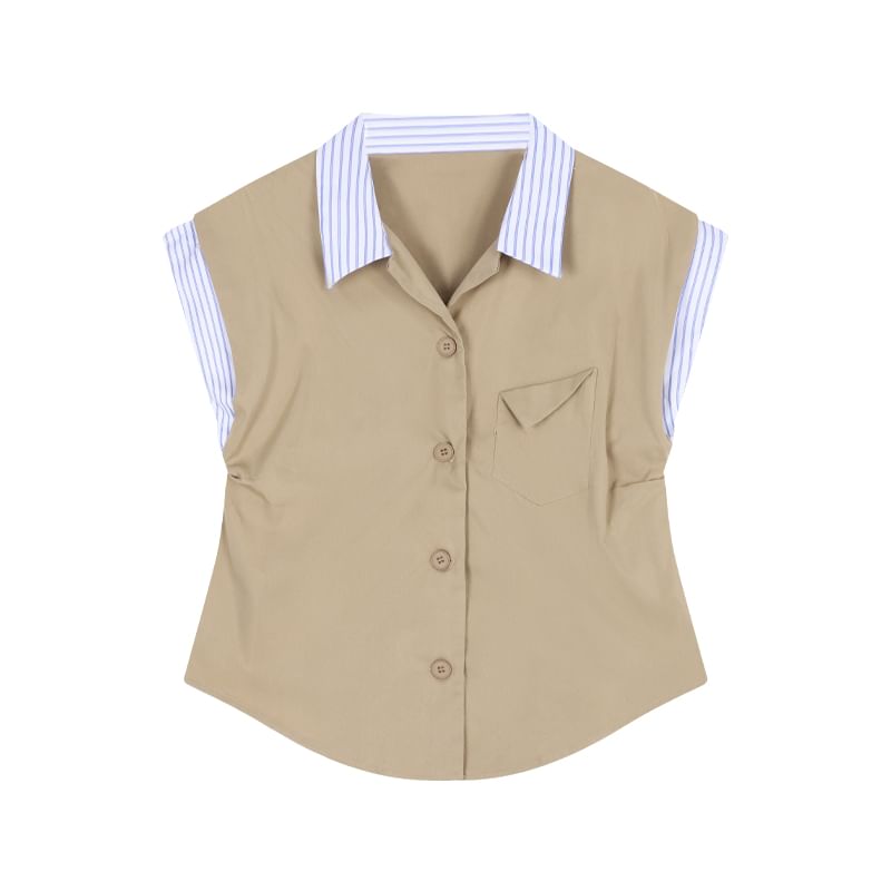 Striped Panel Short-Sleeve Shirt with High-Rise Mini A-Line Skirt