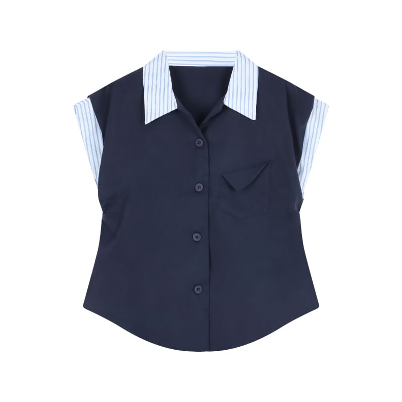 Striped Panel Short-Sleeve Shirt with High-Rise Mini A-Line Skirt