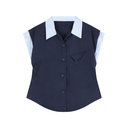 Striped Panel Short-Sleeve Shirt with High-Rise Mini A-Line Skirt