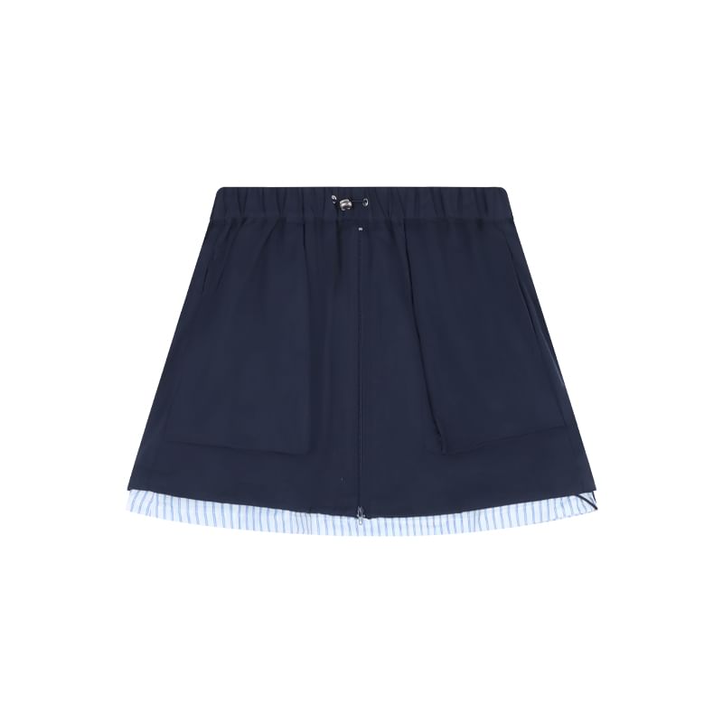 Striped Panel Short-Sleeve Shirt with High-Rise Mini A-Line Skirt