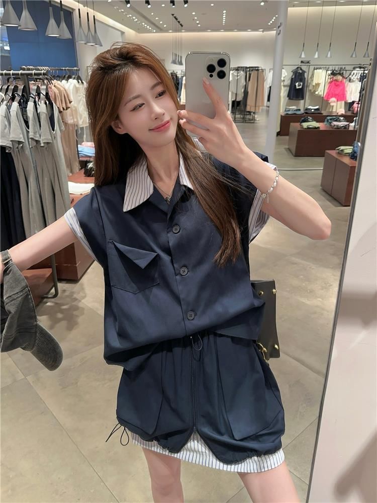 Striped Panel Short-Sleeve Shirt with High-Rise Mini A-Line Skirt