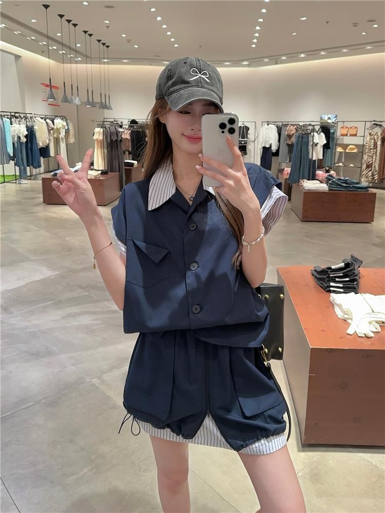 Striped Panel Short-Sleeve Shirt with High-Rise Mini A-Line Skirt