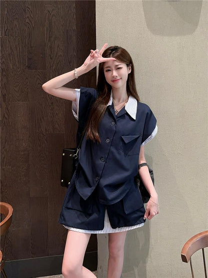 Striped Panel Short-Sleeve Shirt with High-Rise Mini A-Line Skirt