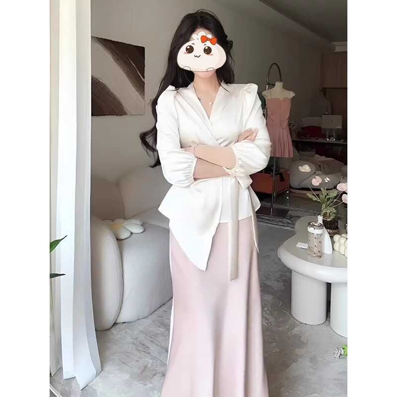 V-Neck Wrap Satin Blouse with High-Waist Mermaid Maxi Skirt