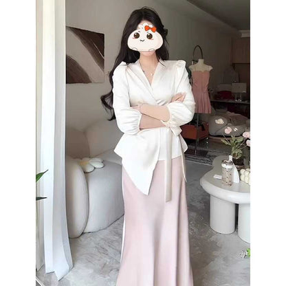 V-Neck Wrap Satin Blouse with High-Waist Mermaid Maxi Skirt