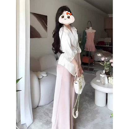 V-Neck Wrap Satin Blouse with High-Waist Mermaid Maxi Skirt
