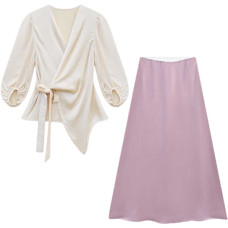 V-Neck Wrap Satin Blouse with High-Waist Mermaid Maxi Skirt