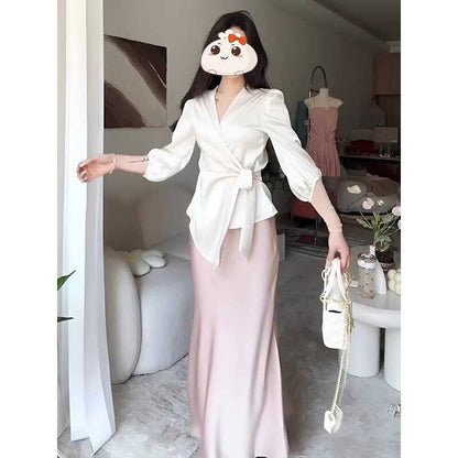 V-Neck Wrap Satin Blouse with High-Waist Mermaid Maxi Skirt