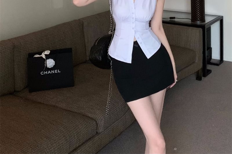 Halter Neck Button Blouse with Mini Pencil Skirt