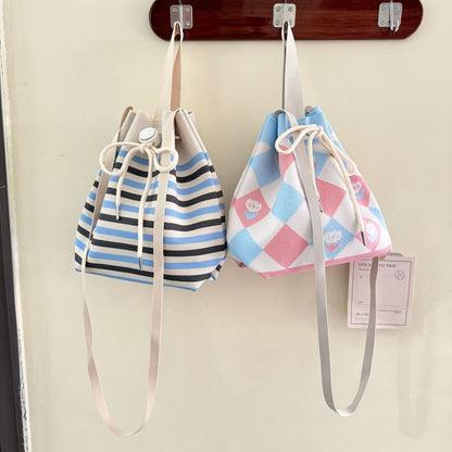 Patterned Drawstring Knit Bucket Bag