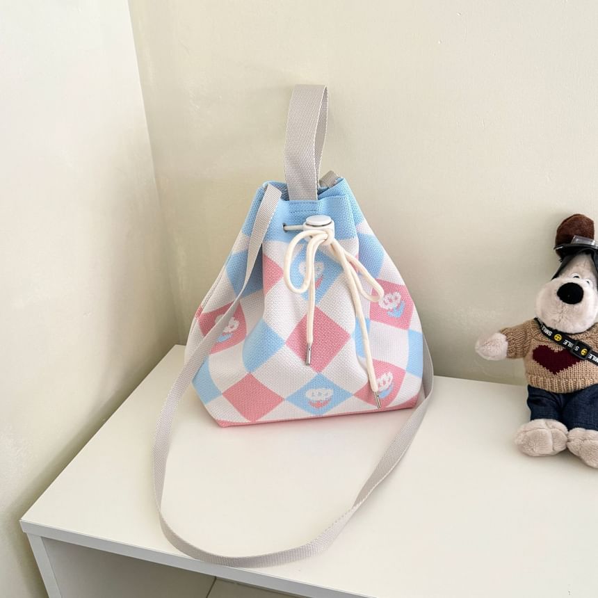 Patterned Drawstring Knit Bucket Bag