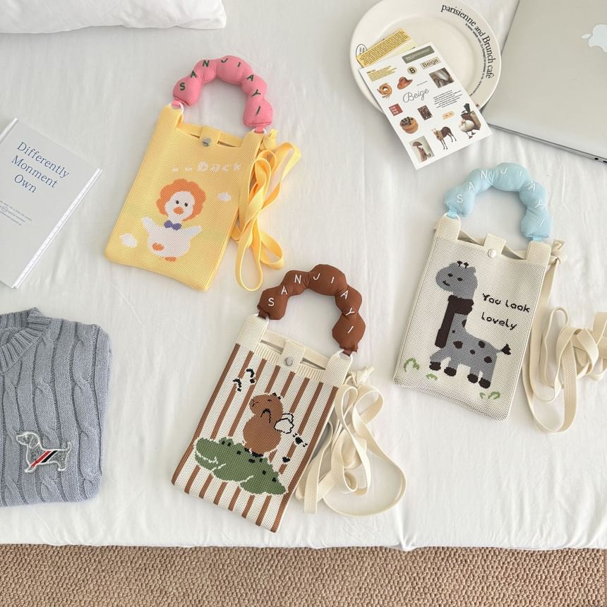 Top Donut Handle Cartoon Print Knit Crossbody Bag