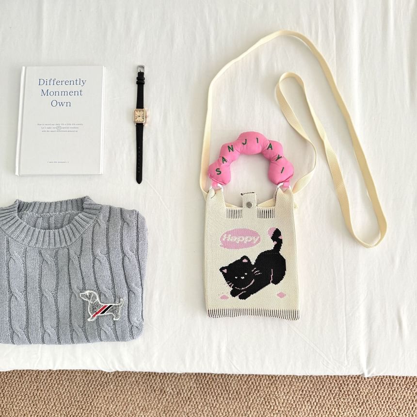 Top Donut Handle Cartoon Print Knit Crossbody Bag