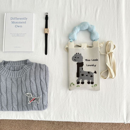 Top Donut Handle Cartoon Print Knit Crossbody Bag