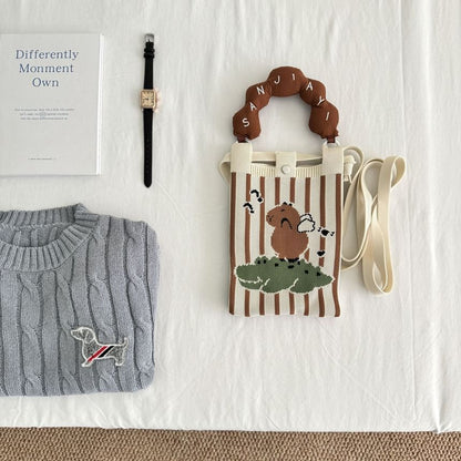 Top Donut Handle Cartoon Print Knit Crossbody Bag