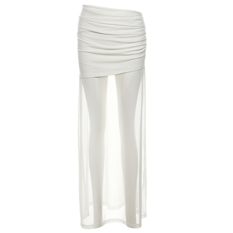 Ruched Mesh Maxi Pencil Skirt with Panel
