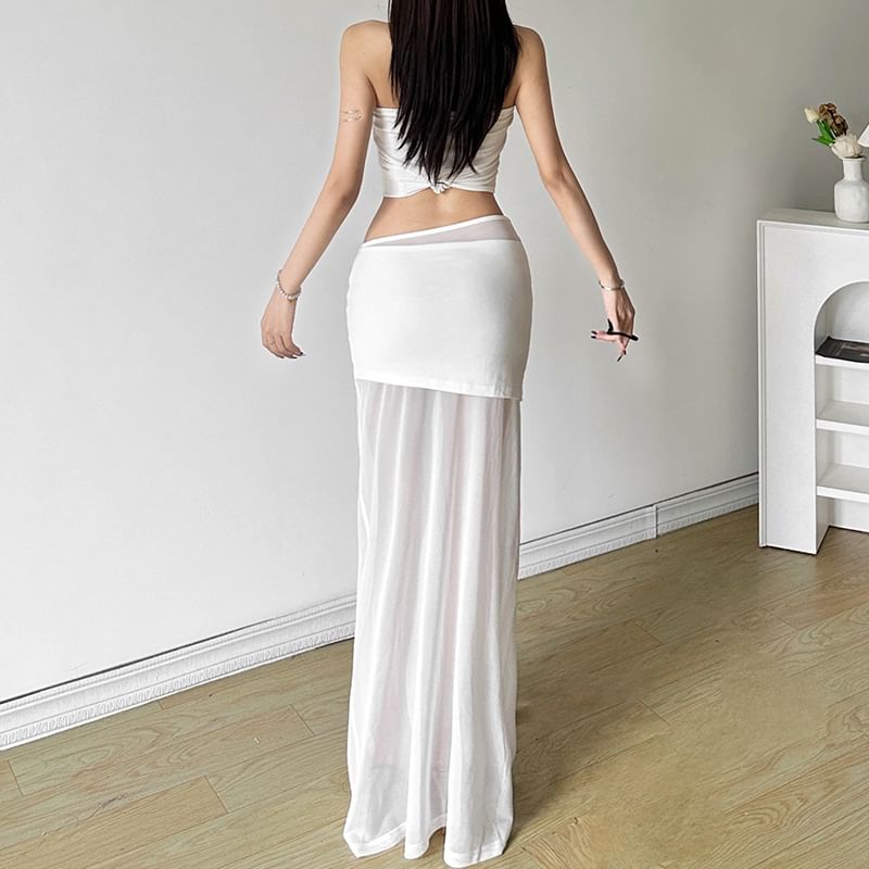 Ruched Mesh Maxi Pencil Skirt with Panel