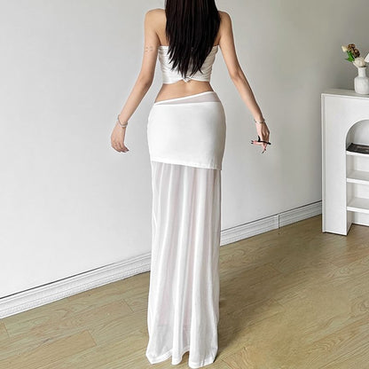 Ruched Mesh Maxi Pencil Skirt with Panel
