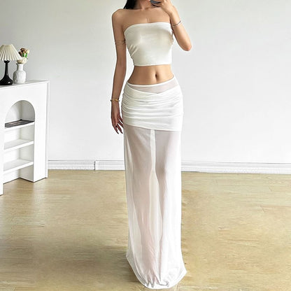 Ruched Mesh Maxi Pencil Skirt with Panel