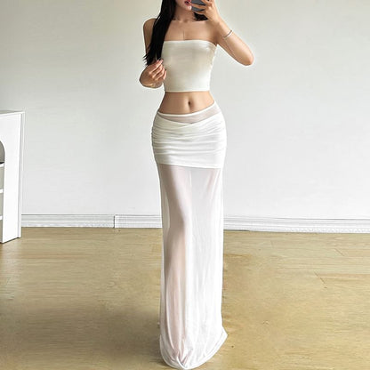 Ruched Mesh Maxi Pencil Skirt with Panel