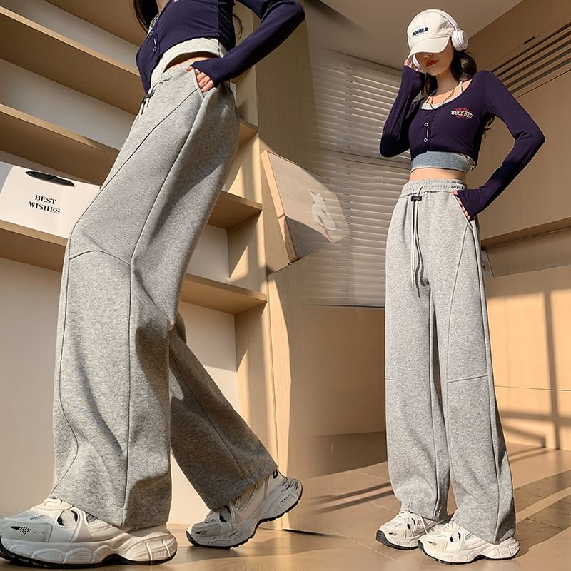 Drawstring Waist Plain Wide Leg Sweatpants