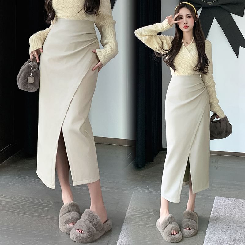 Faux Leather Slit Midi Pencil Skirt