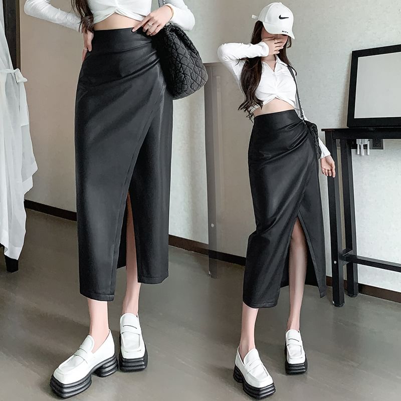 Faux Leather Slit Midi Pencil Skirt